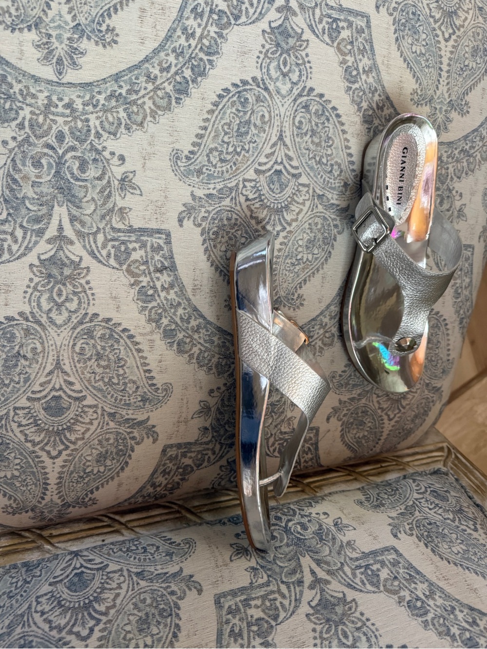 Gianni Bini Silver Metallic T-strap Sandals with Stud Detail - Picture 6 of 10